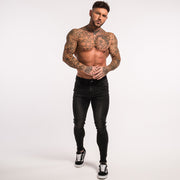 Men's Super Skinny Stretchable Jeans With White Stripe Panel - Black - MensFashionsWorld 