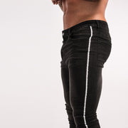 Men's Super Skinny Stretchable Jeans With White Stripe Panel - Black - MensFashionsWorld 